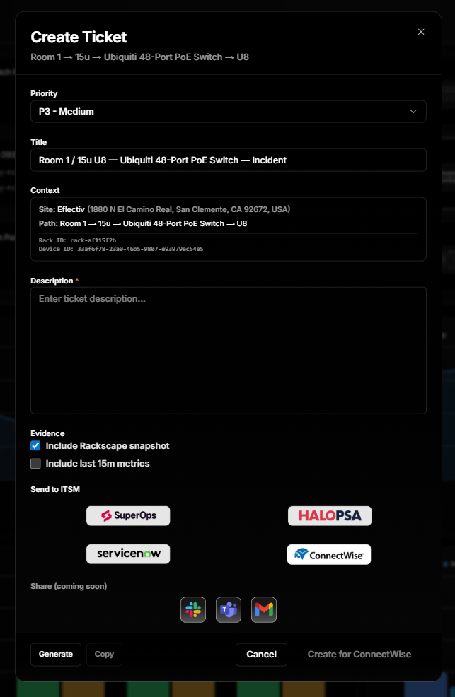 Rackscape create ticket modal with rack context and export options