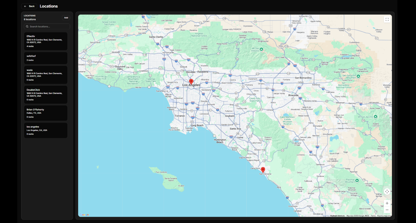 Rackscape locations page showing multi-site rack inventory on a map